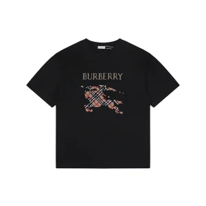 Burberry Cross Stitch Check Equestrian Knight Logo Embroidered Washed Cotton T-Shirt Black Front view