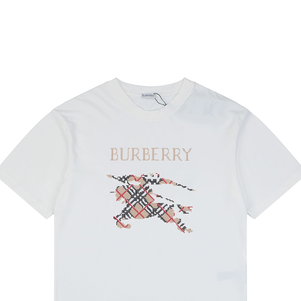 Burberry Cross Stitch Check Equestrian Knight Logo Embroidered Washed Cotton T-Shirt White