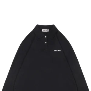 Miu Miu Logo Embroidered Cotton Polo Shirt Black