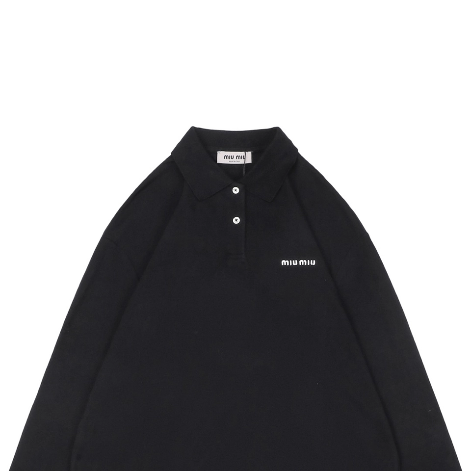 Miu Miu Logo Embroidered Cotton Polo Shirt Black