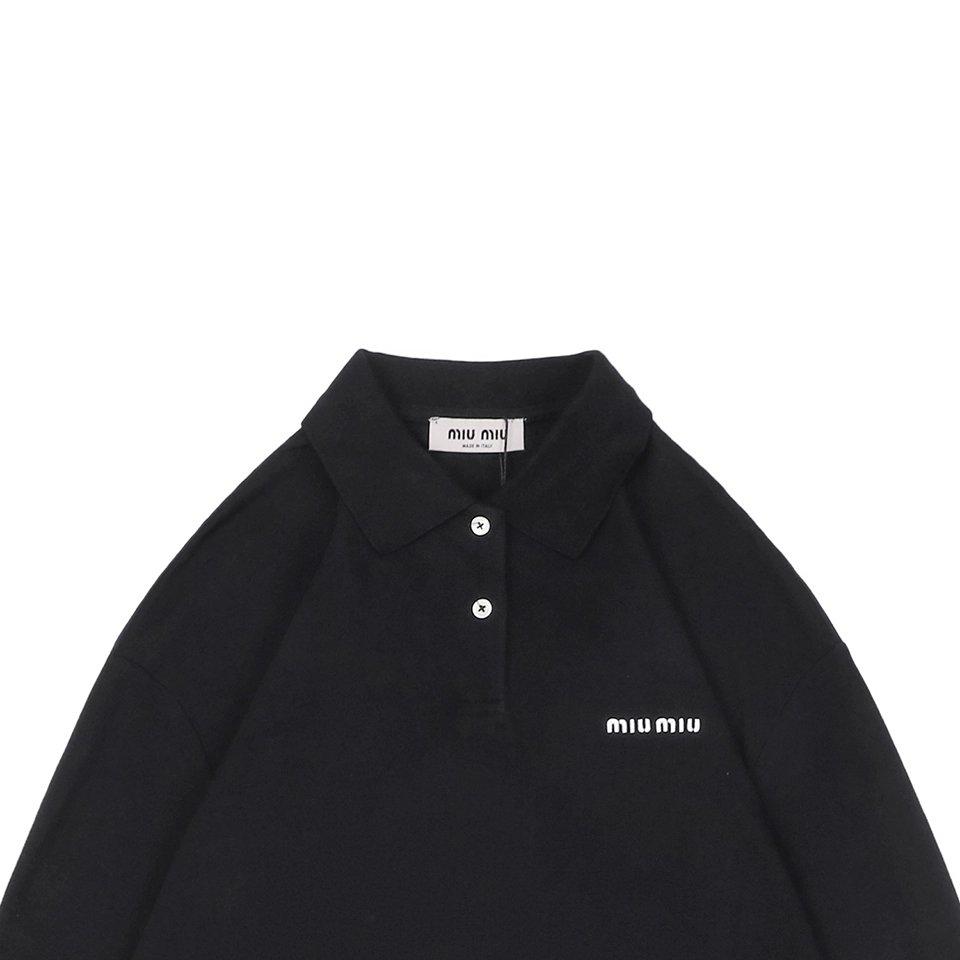 Miu Miu Logo Embroidered Cotton Polo Shirt Black