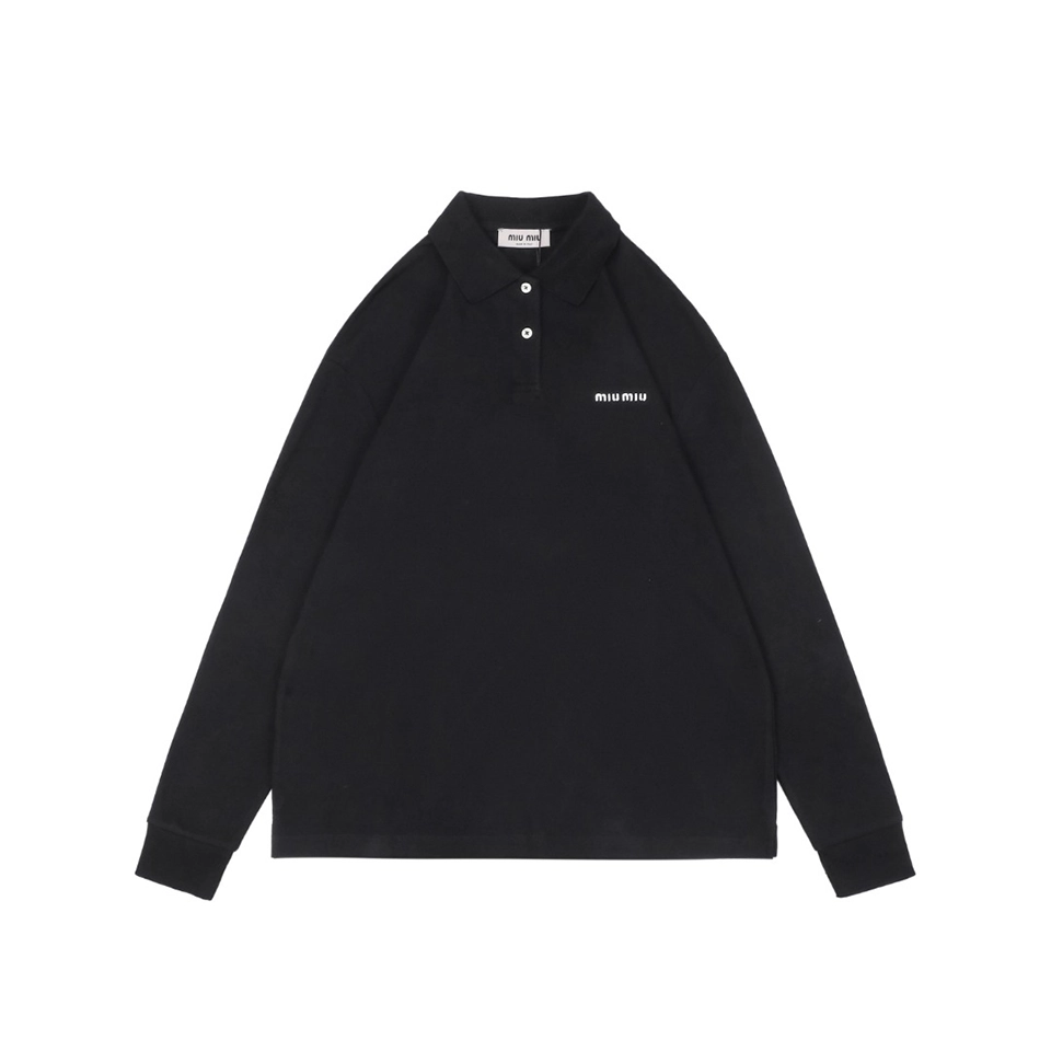 Miu Miu Logo Embroidered Cotton Polo Shirt Black Front view