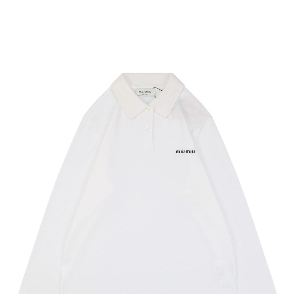 Miu Miu Logo Embroidered Cotton Polo Shirt White