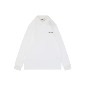 Miu Miu Logo Embroidered Cotton Polo Shirt White Front view