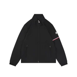 Moncler Logo Patch Nylon Stand Collar Jacket Black Front view