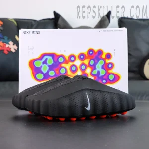 Nike Mind 001 “Black” clogs with packaging, featuring thermal pressure map graphic background