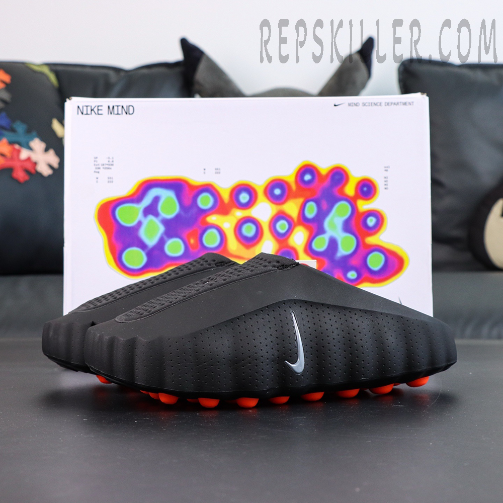 Nike Mind 001 “Black” clogs with packaging, featuring thermal pressure map graphic background