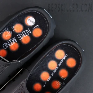Nike Mind 001 “Black” clogs insole detail with orange pressure nodes and Mind Science Department branding