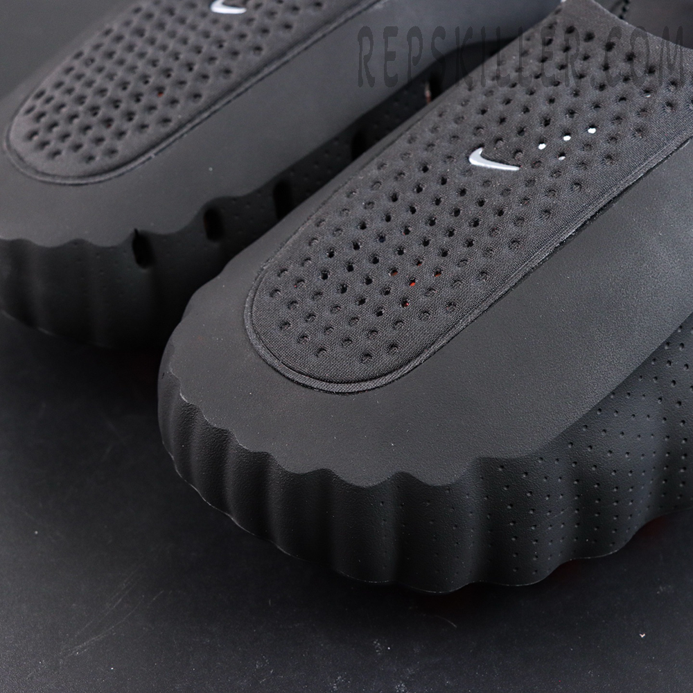 Nike Mind 001 “Black” clogs upper detail with perforations and textured surface