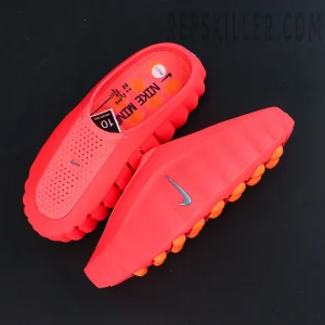 Nike Mind 001 Mule “Solar Red” top view showing overall silhouette and orange pod outsole