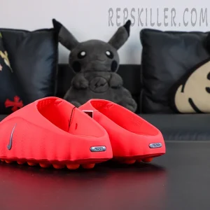 Nike Mind 001 Mule “Solar Red” rear-side view with clean heel and metallic branding detail