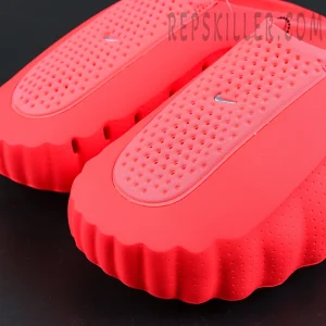 Nike Mind 001 Mule “Solar Red” upper detail with bright red perforations and mini Swoosh logo