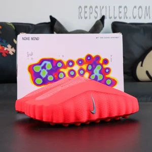 Nike Mind 001 Mule “Solar Red” with packaging featuring thermal pressure map graphic backdrop