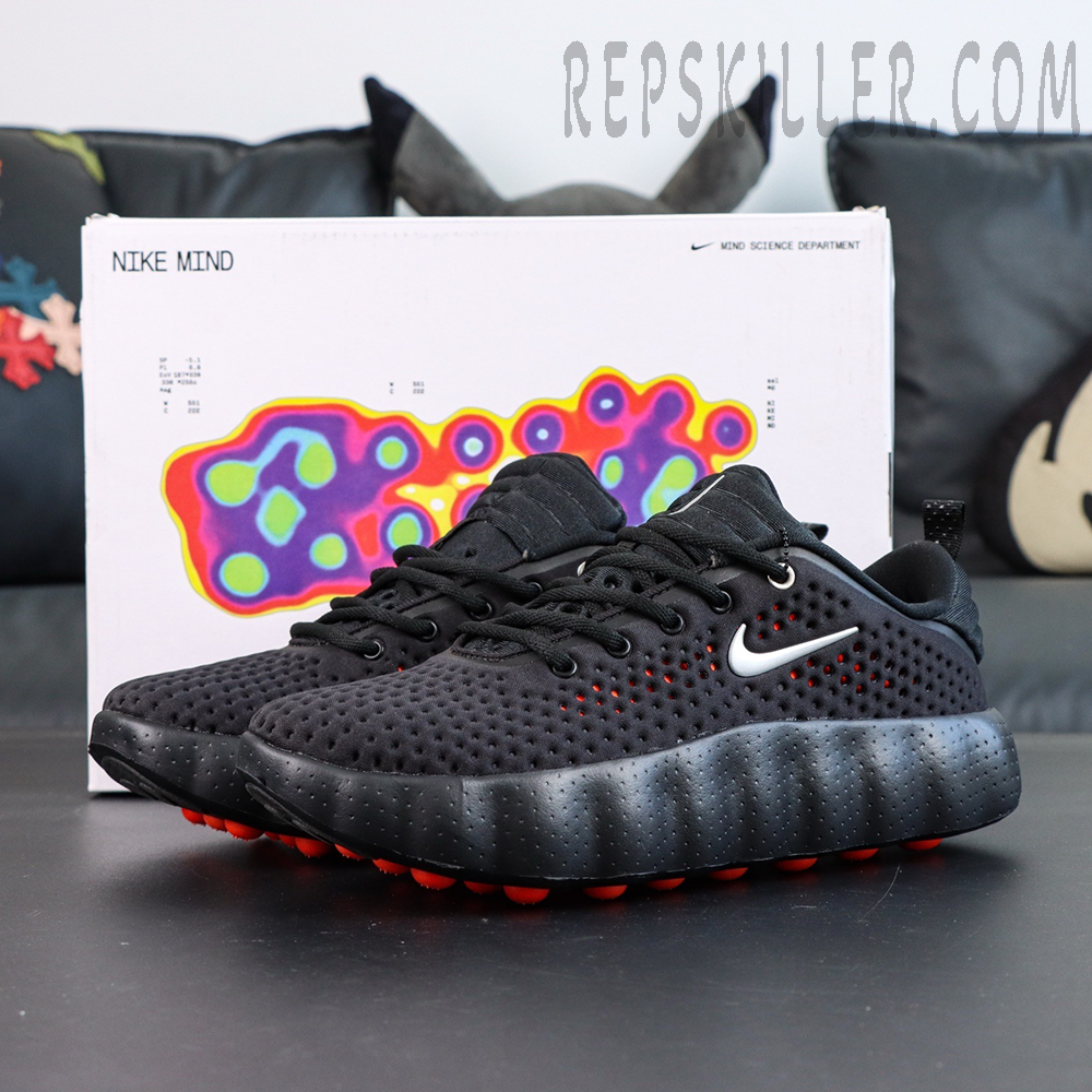 Nike Mind 002 “Black Hyper Crimson” full view with black upper and orange-red cushioning pods