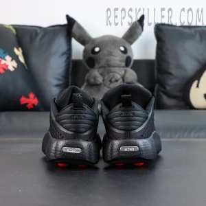 Nike Mind 002 “Black Hyper Crimson” rear view with sculpted heel and branding detail