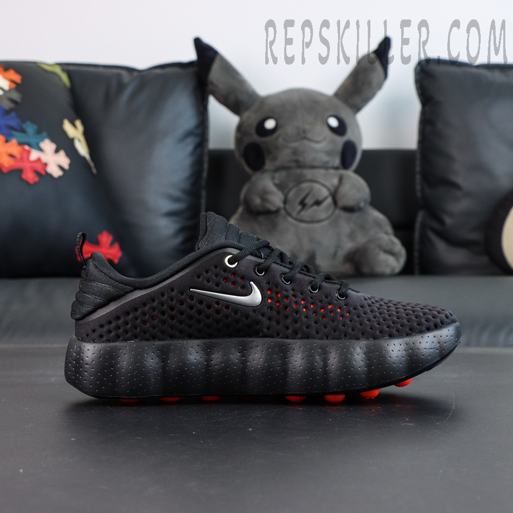 Nike Mind 002 “Black Hyper Crimson” side profile with chunky sole and futuristic design