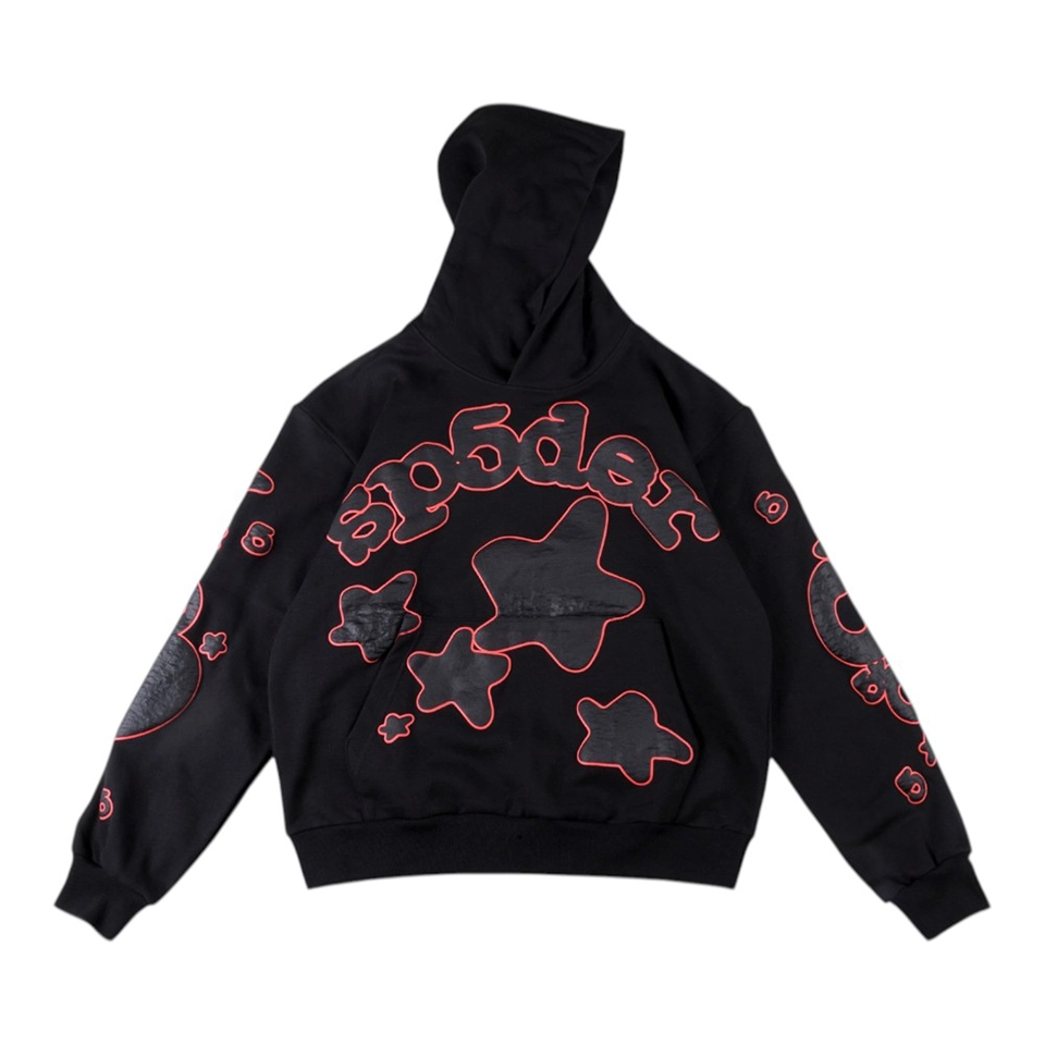 Sp5der Black Red Outline Star Graphic Hoodie Front view
