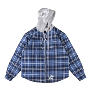 Sp5der Blue Plaid Grey Hood Zip Jacket Front view