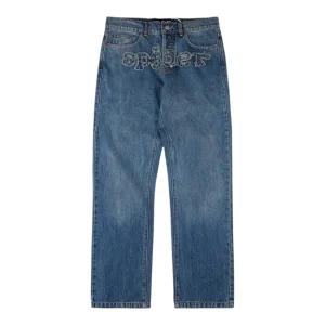 Sp5der Blue Washed Logo Embroidery Denim Jeans Front view