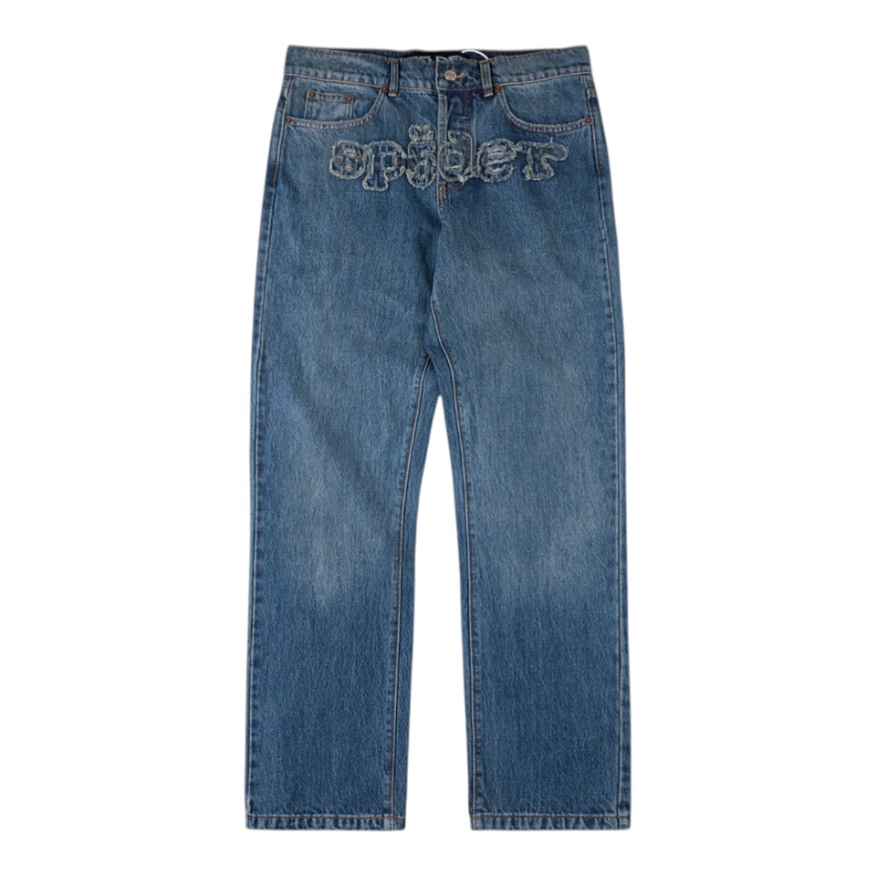 Sp5der Blue Washed Logo Embroidery Denim Jeans Front view
