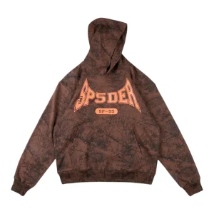 Sp5der Brown Distressed “SP-55” Racing Graphic Hoodie Front view