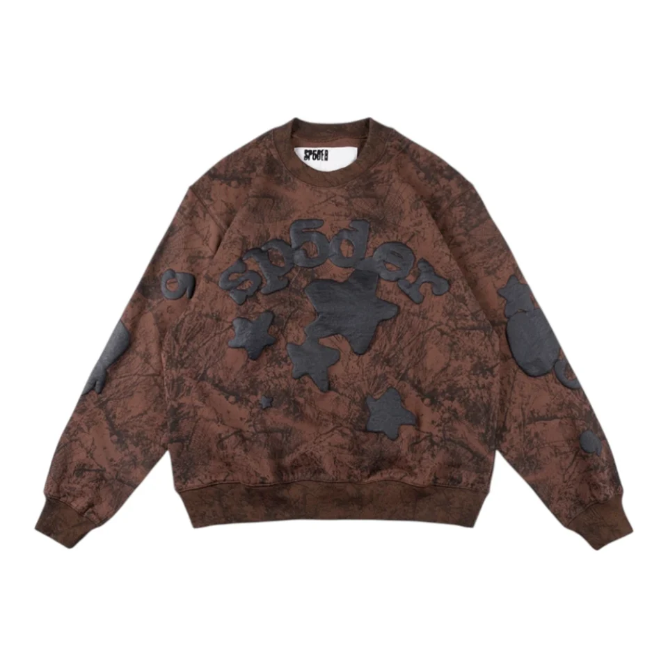 Sp5der Brown Distressed Star Logo Sweatshirt Front view