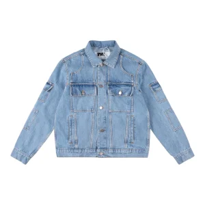 Sp5der Light Blue Red Logo Denim Jacket Front view