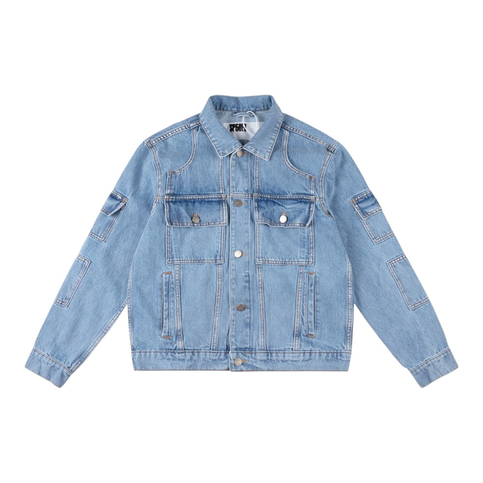 Sp5der Light Blue Red Logo Denim Jacket Front view