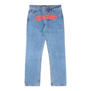 Sp5der Light Blue Red Logo Denim Jeans Front view