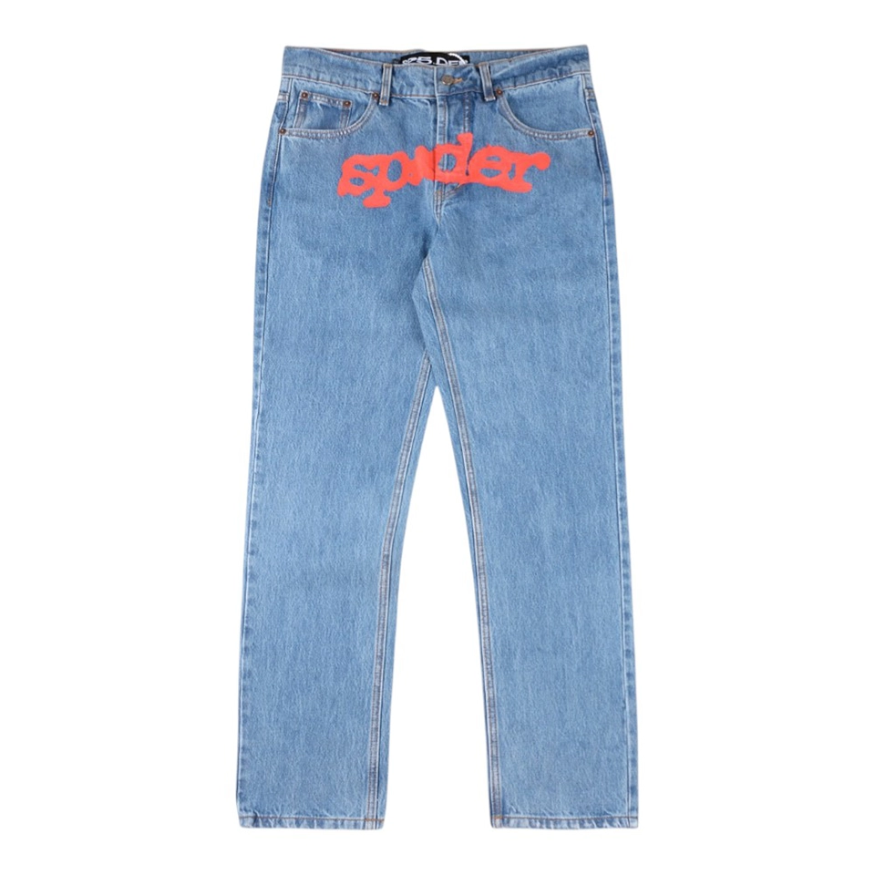 Sp5der Light Blue Red Logo Denim Jeans Front view