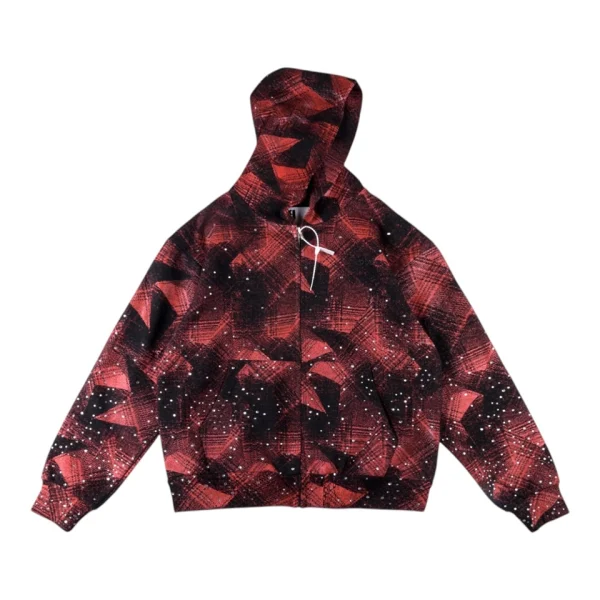 Sp5der Red Black All-Over Print Zip Hoodie Front view