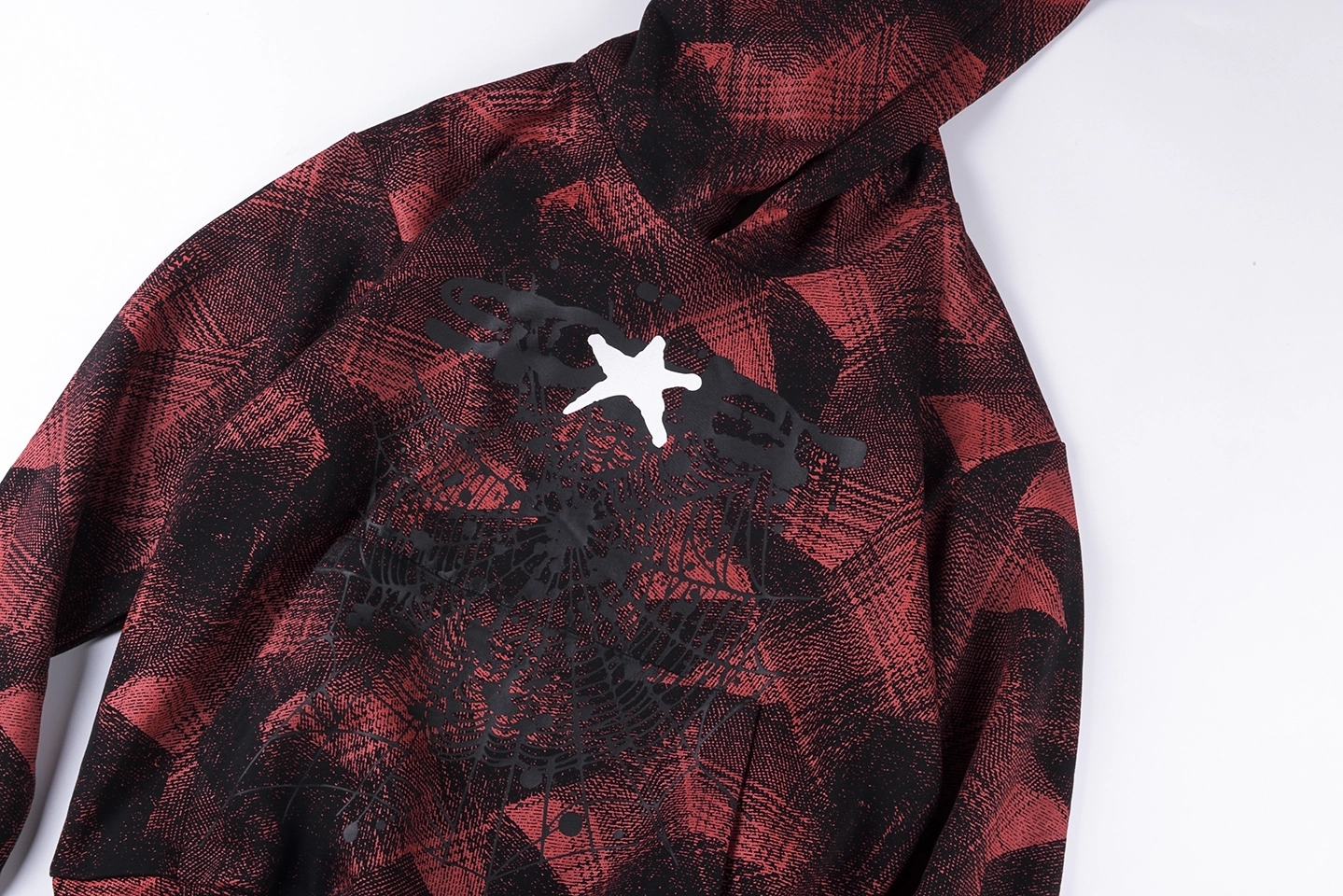 Sp5der Red Plaid Star Web Graphic Hoodie8