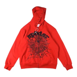 Sp5der Red Web Graphic Zip Hoodie Front view