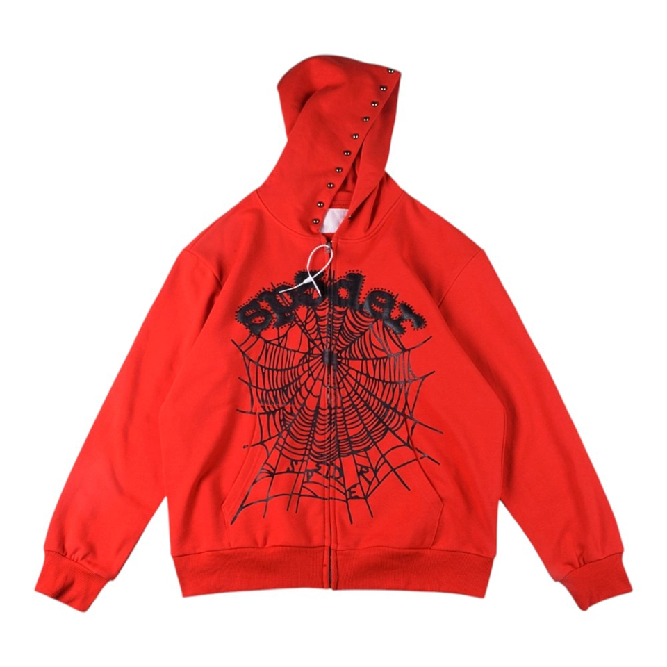 Sp5der Red Web Graphic Zip Hoodie Front view