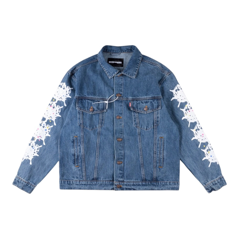 Sp5der Washed Blue Graphic Sleeve Denim Jacket Front view