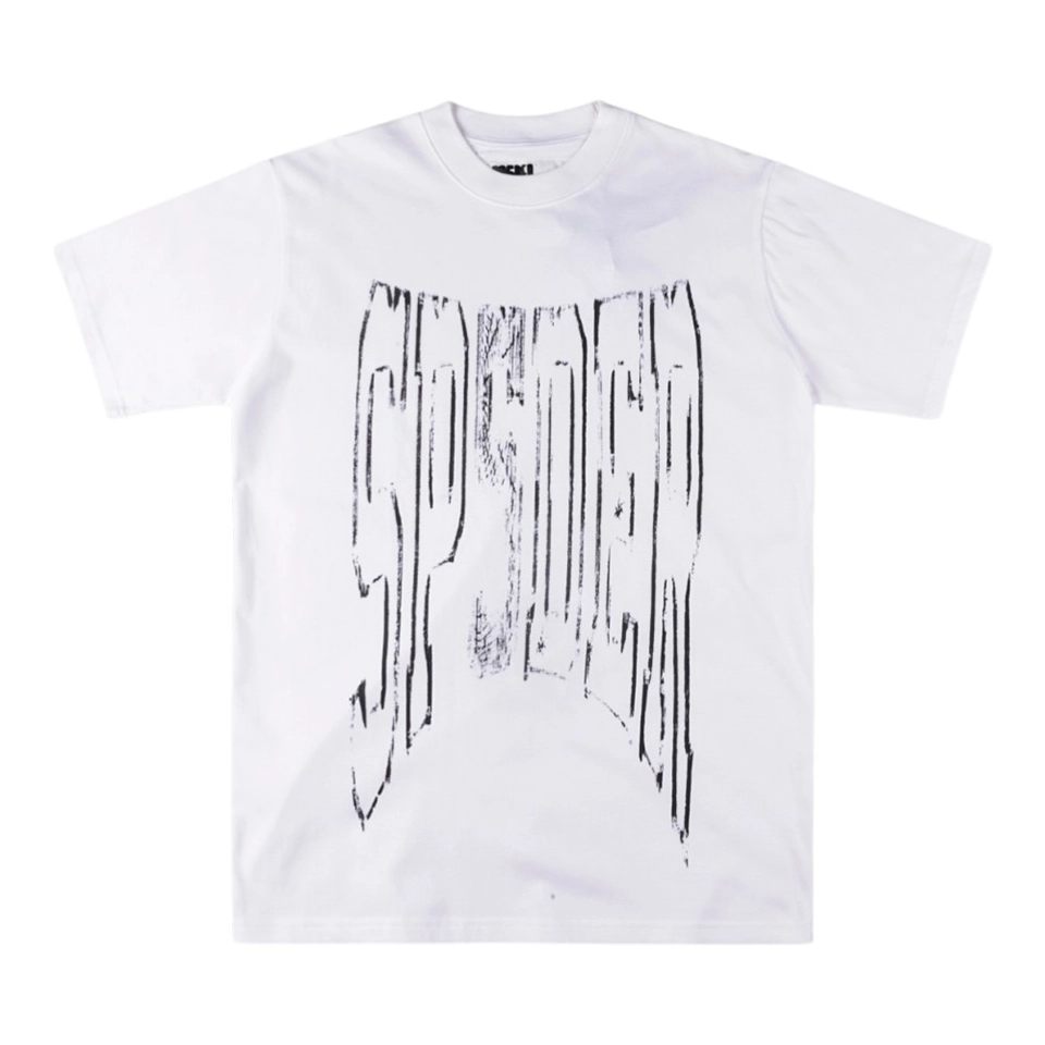 Sp5der White Distressed Arc Logo Graphic T-Shirt Front view