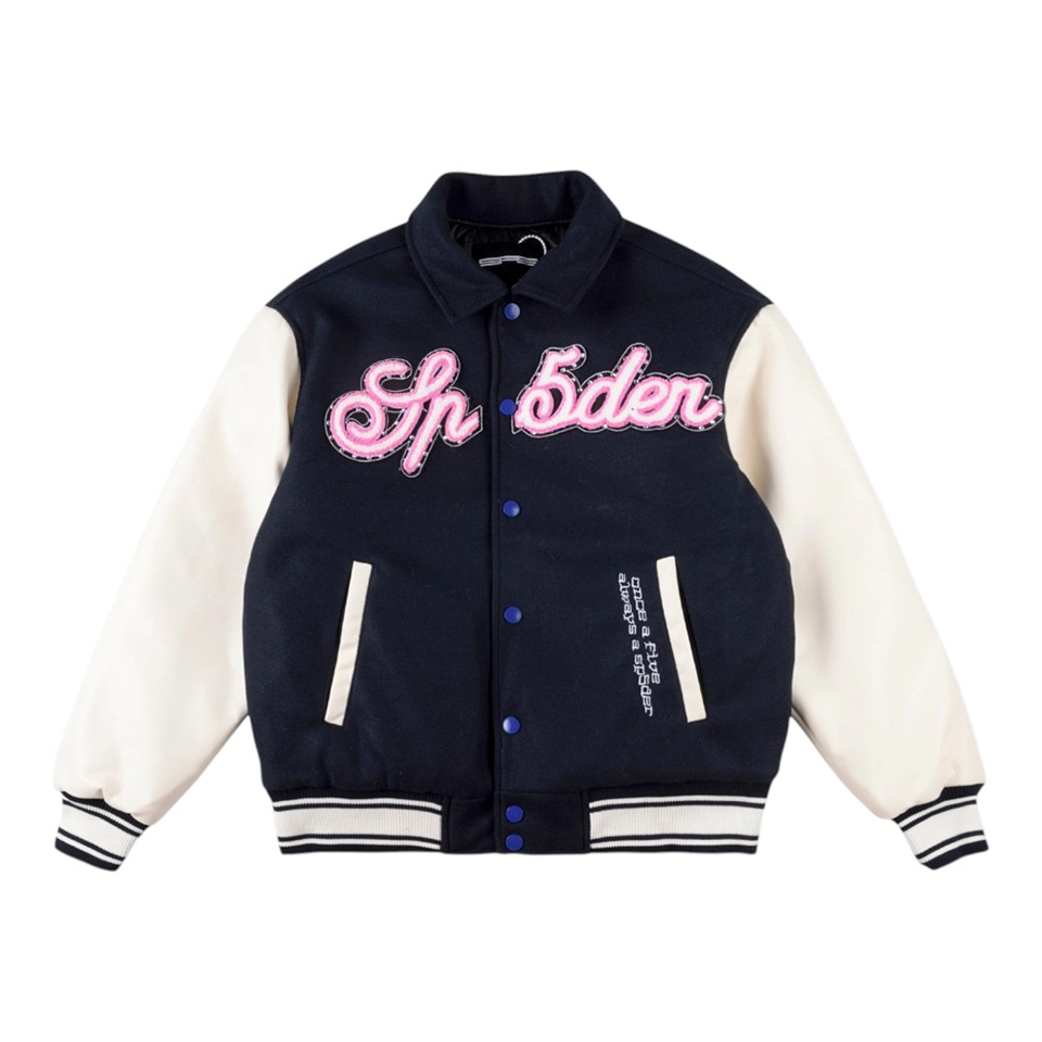 Sp5der Worldwide Pink Logo Varsity Jacket Front view