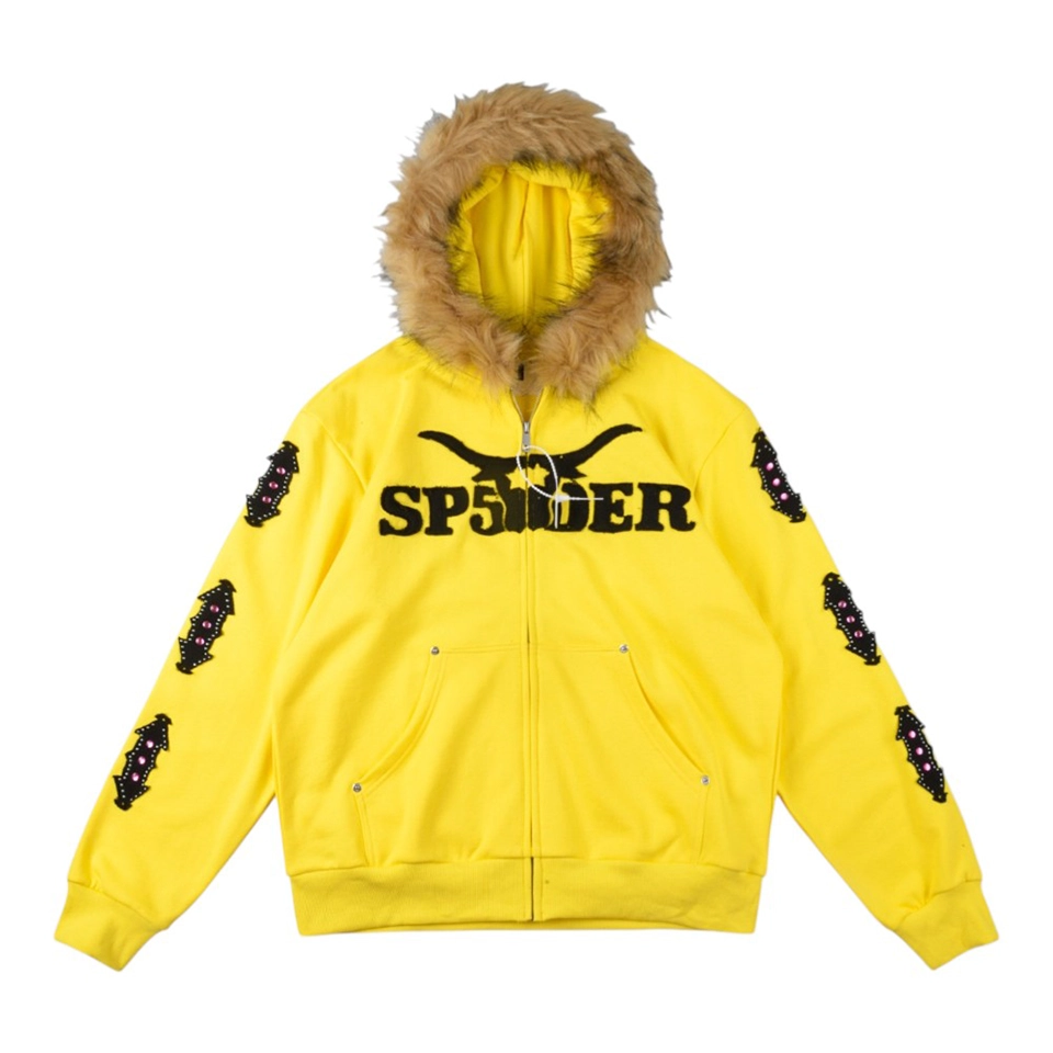 Sp5der Yellow Fur Hood Logo Zip Hoodie Front view