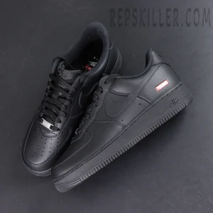 Supreme x Air Force 1 Low top view with all-black leather upper and clean design