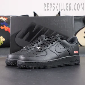 Supreme x Air Force 1 Low “Black” full view with triple black design and red box logo