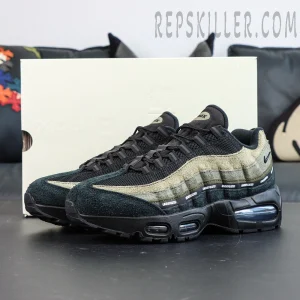 Undefeated x Nike Air Max 95 “Medium Olive” sneakers, full view with shoebox showing overall design