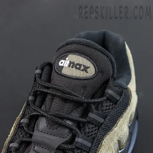 Undefeated x Nike Air Max 95 “Medium Olive” sneakers, tongue close-up with air max logo and fabric texture