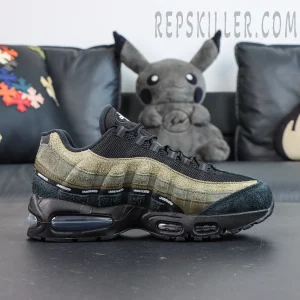 Undefeated x Nike Air Max 95 “Medium Olive” sneakers, full lateral view with olive layering and black midsole