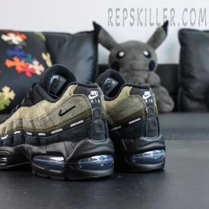Undefeated x Nike Air Max 95 “Medium Olive” sneakers, heel view featuring Nike Air branding and visible Air units