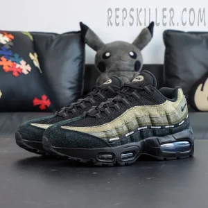 Undefeated x Nike Air Max 95 “Medium Olive” sneakers, lateral view showing olive and black layered upper design