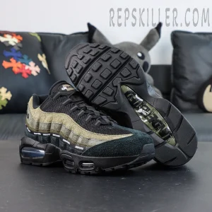 Undefeated x Nike Air Max 95 “Medium Olive” sneakers, full view highlighting outsole traction and visible Air cushioning