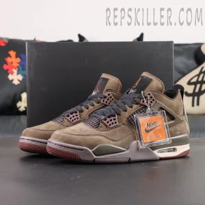 A Ma Maniére x Air Jordan 4 front view with dark mocha tones and hangtag detail