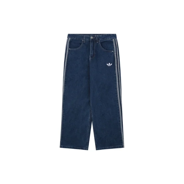 Adidas Originals Three Stripe Wide-Leg Denim Pants Blue Front view