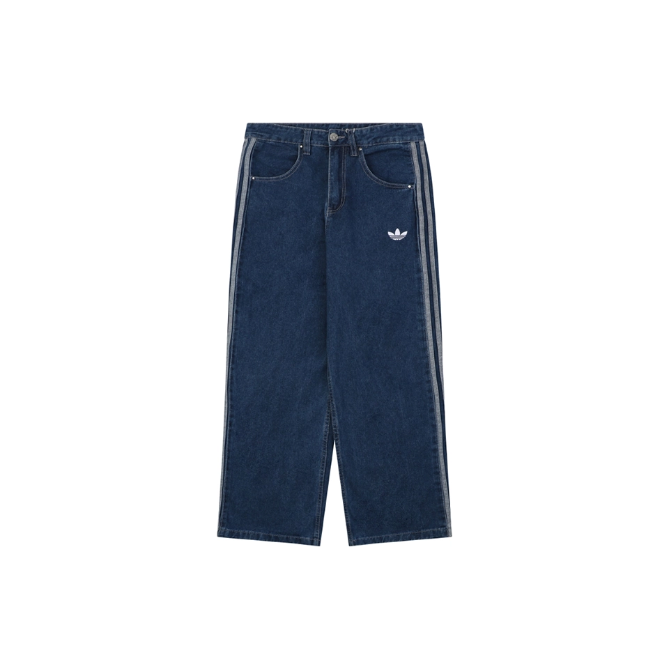 Adidas Originals Three Stripe Wide-Leg Denim Pants Blue Front view