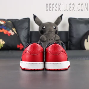 Air Jordan 1 Low rear view with red leather heel and iconic banned X marking